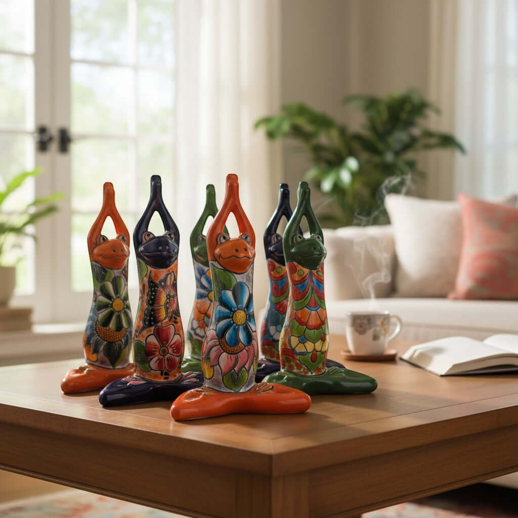 Colorful Hand Painted Talavera Frog Statue | Large Mexican Art Decor