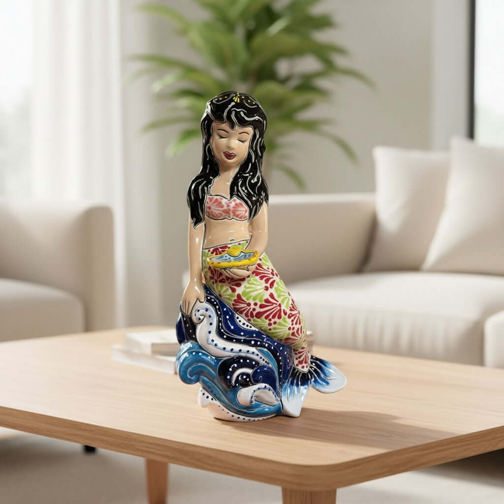 Talavera Mermaid Figurine | Hand-Painted Mexican Pottery