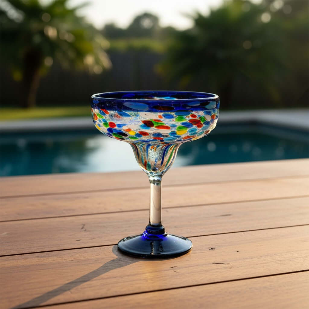 Mexican Hand-Blown Margarita Glass | Blue Confetti Rock Design