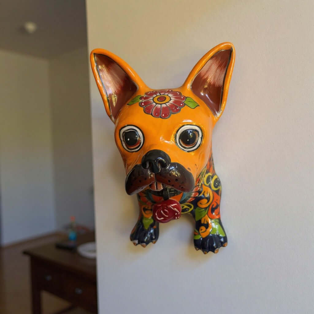 Colorful Talavera French Bulldog Statue | Handcrafted Wall Art (Medium)