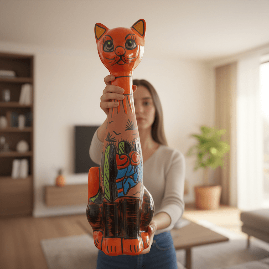 Tall Talavera Cat Statue | Mexican Terracotta Desert Design