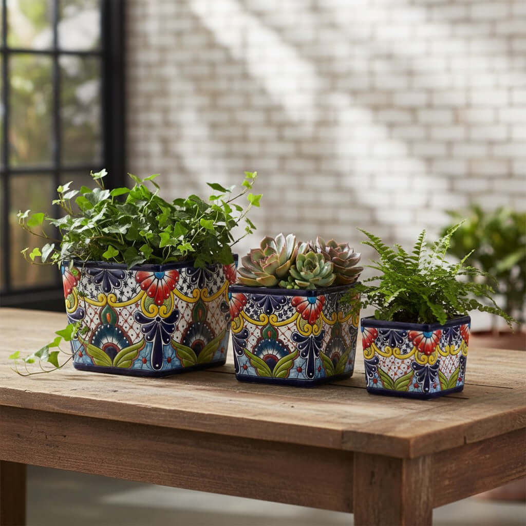 Set of 3 Hand-Painted Talavera Square Planters Set | Colorful Floral Pots