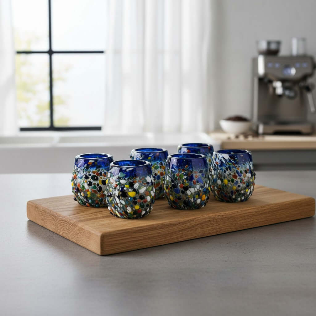 Confetti Rimmed Shot Glass | Hand-Blown Mexican Glassware with Blue Rim