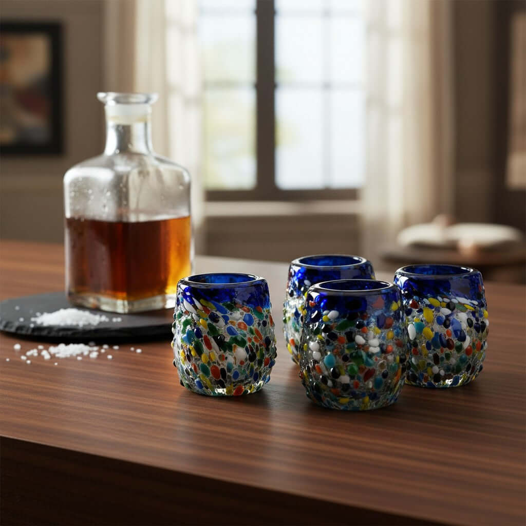 Confetti Rimmed Shot Glass | Hand-Blown Mexican Glassware with Blue Rim