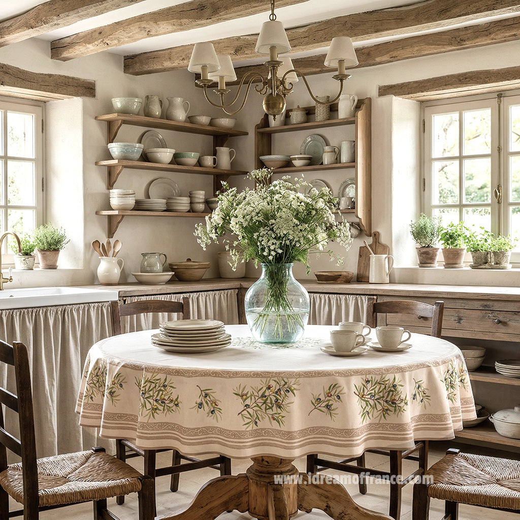 70" Round Clos des Oliviers Cream French Tablecloths by Label France - Coated or Not Coated