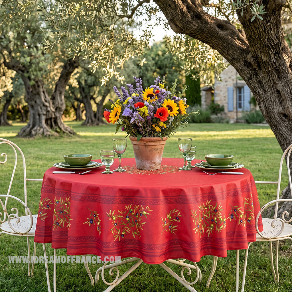 70" Round Clos des Oliviers Red French Cotton Tablecloths by Label France