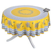70" Round Lauris Yellow Acrylic-Coated Cotton Tablecloth by Tissus Toselli