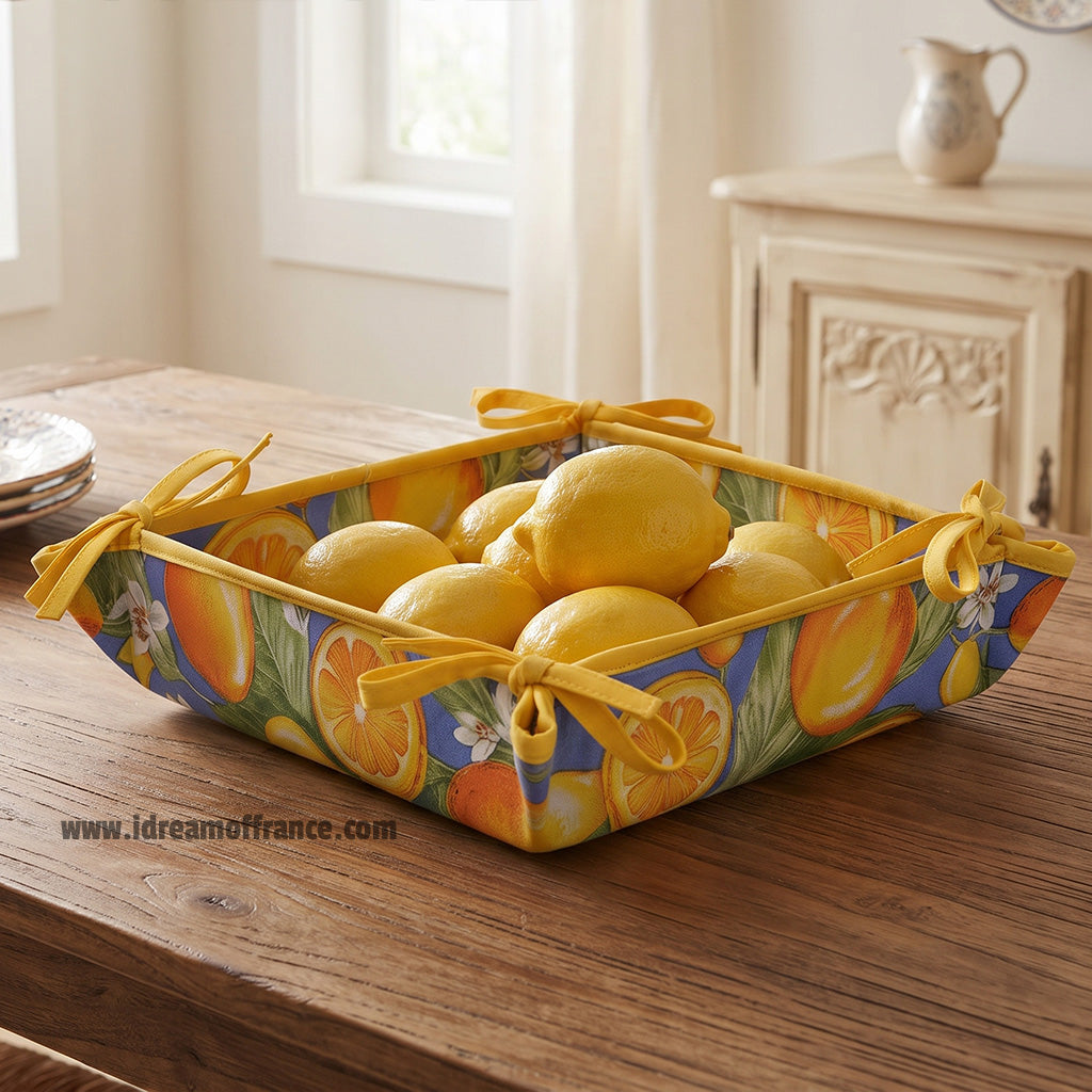 Lemons Blue Cotton Coated Bread Basket by Tissus Toselli
