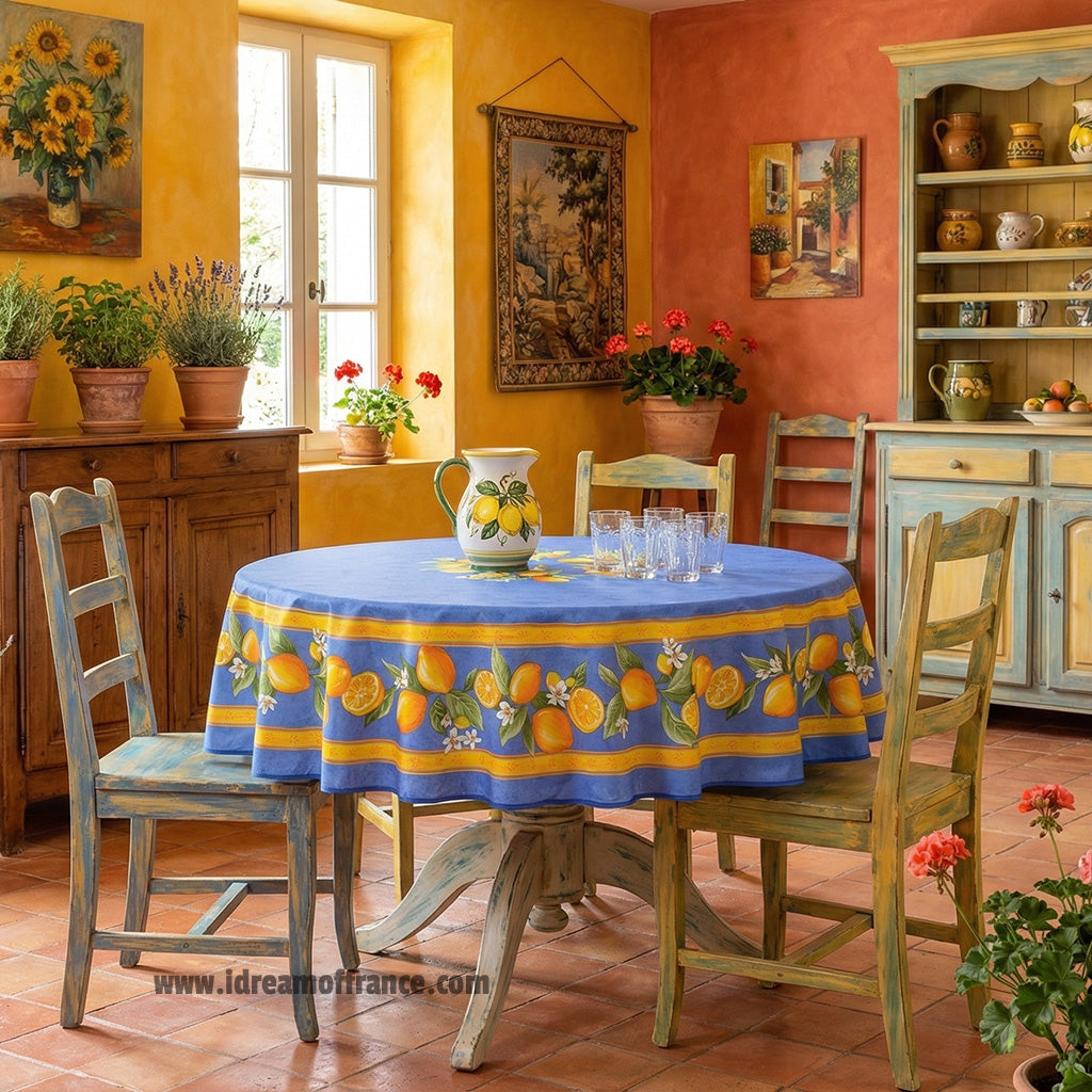 70" Round Lemons Blue Tablecloth by Tissus Toselli
