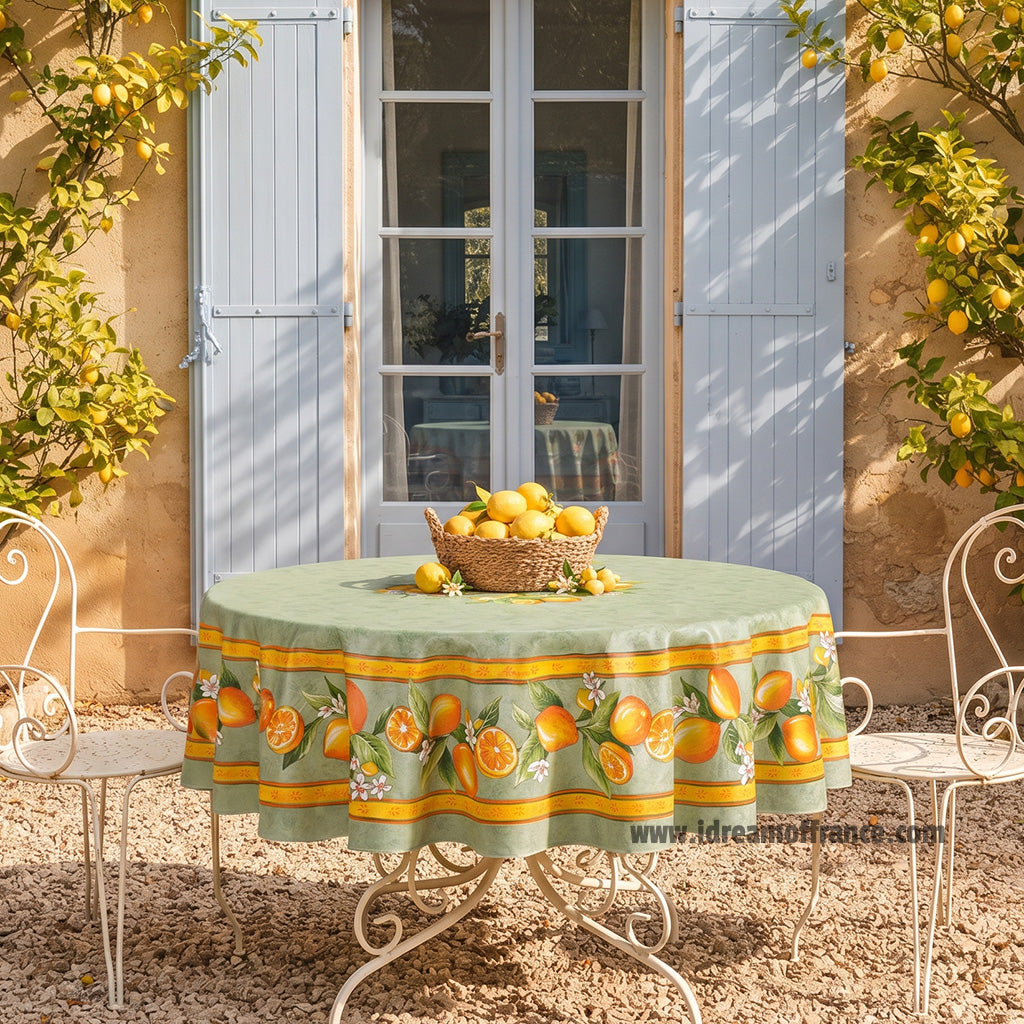 70" Round Lemons Green Tablecloth by Tissus Toselli