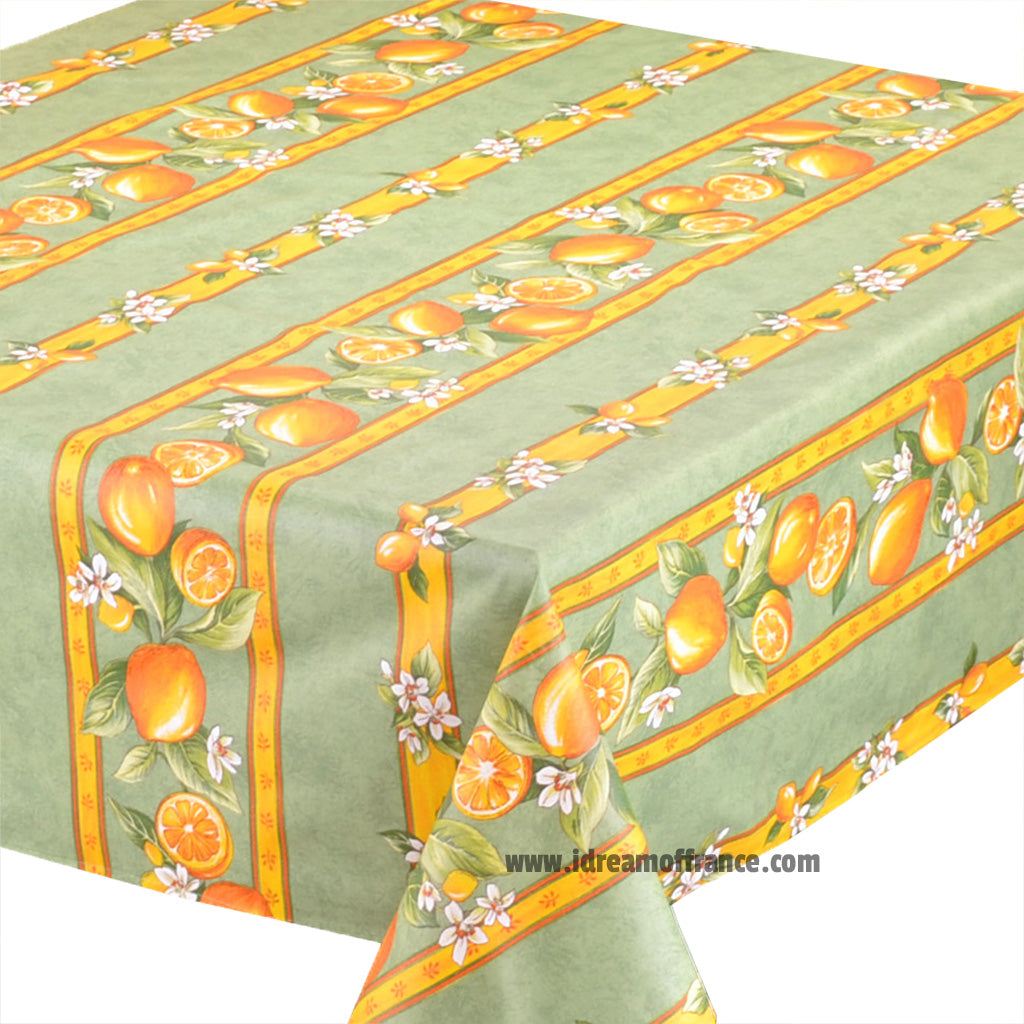 58" Square Lemons Green Acrylic-Coated Cotton Tablecloth by Tissus Toselli