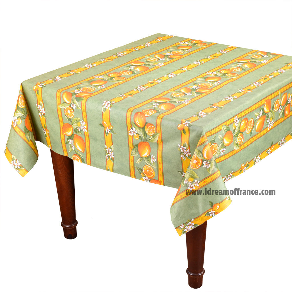 58" Square Lemons Green Acrylic-Coated Cotton Tablecloth by Tissus Toselli