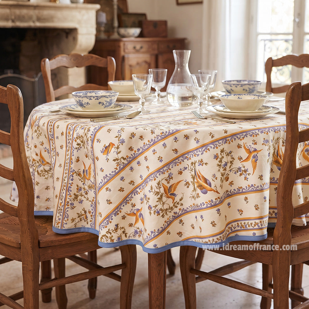 58" Round Moustiers Blue & Cream Acrylic-Coated Cotton Tablecloth by Tissus Toselli