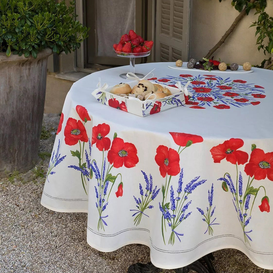 70" Round Poppies Cream Acrylic-Coated Cotton Tablecloth by Tissus Toselli