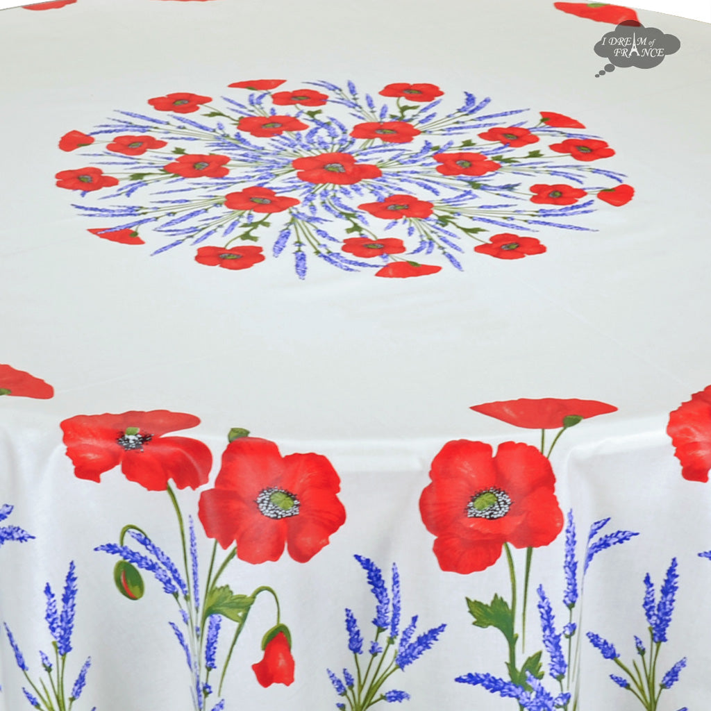 70" Round Poppies Cream Acrylic-Coated Cotton Tablecloth by Tissus Toselli