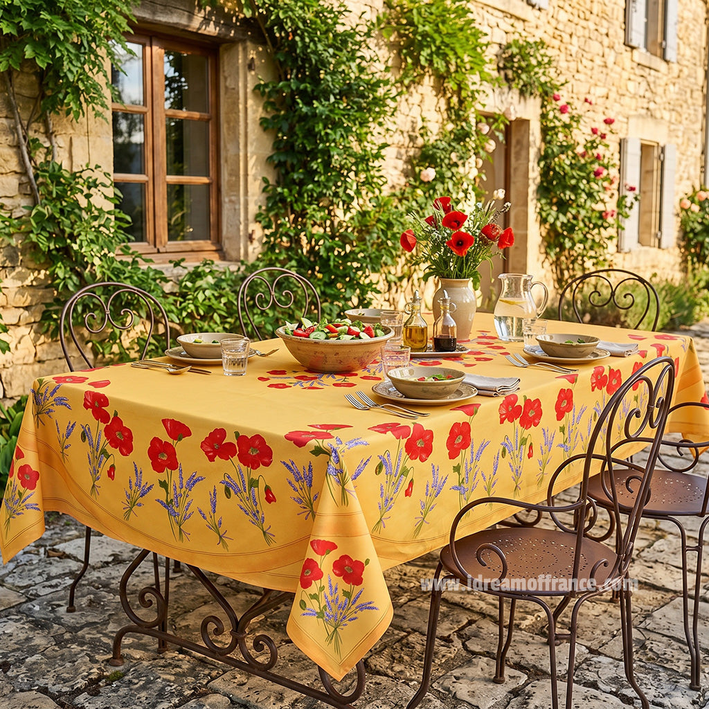 60x96" Rectangular Poppies Yellow Acrylic Coated Cotton Tablecloth by Tissus Toselli