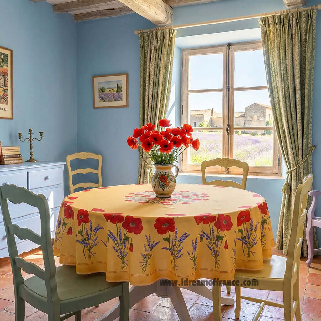70" Round Poppies Yellow Acrylic-Coated Cotton Tablecloth by Tissus Toselli