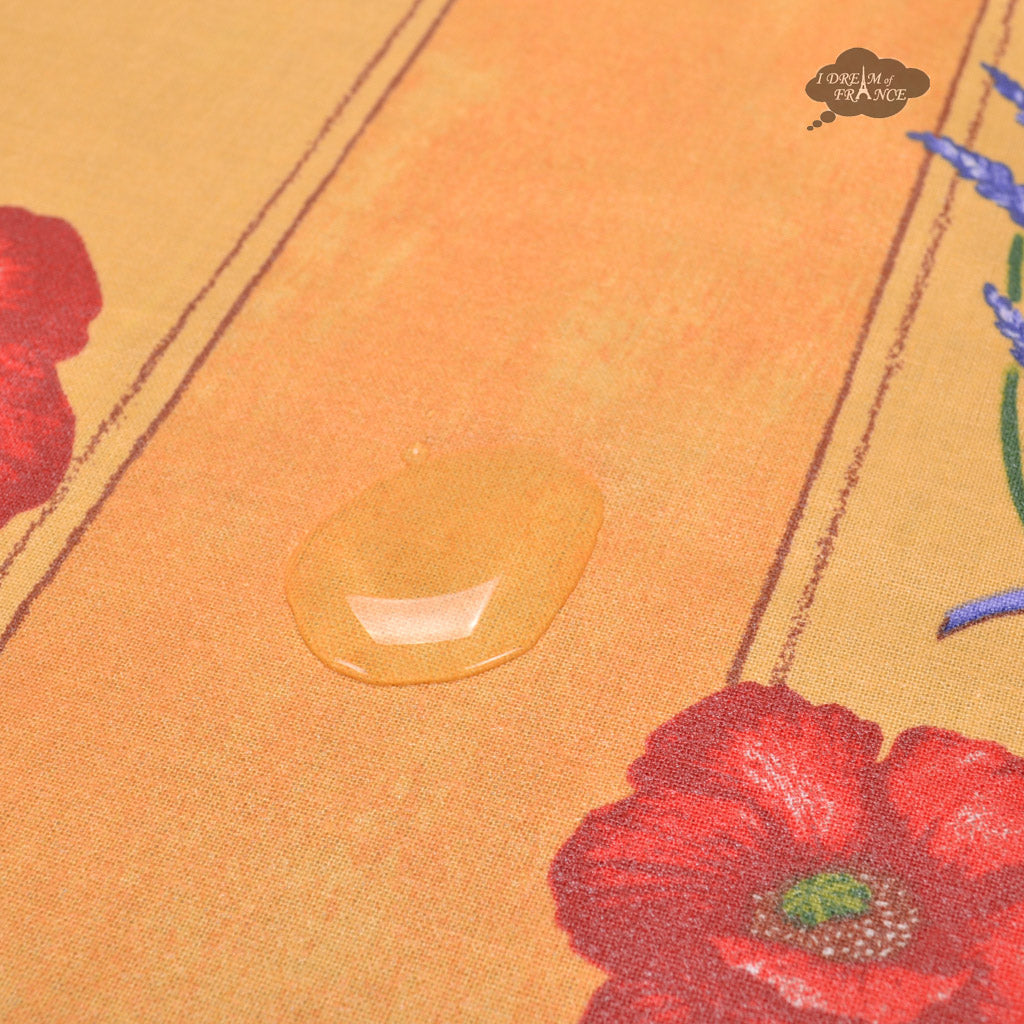 58" Round Poppies Yellow Acrylic-Coated Cotton Tablecloth by Tissus Toselli