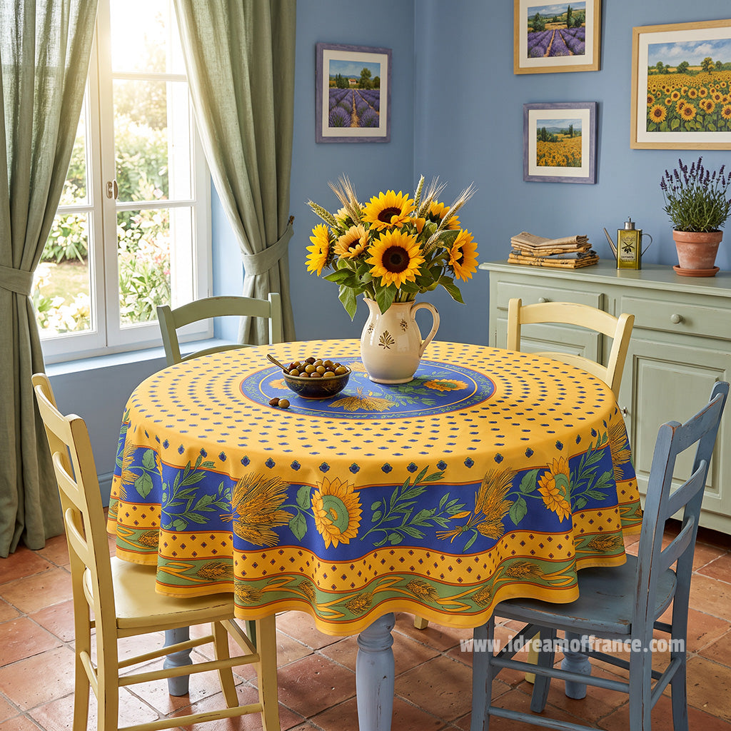 Tournesol Blue/Yellow French Provencal Polyester Tablecloth - 70" Round