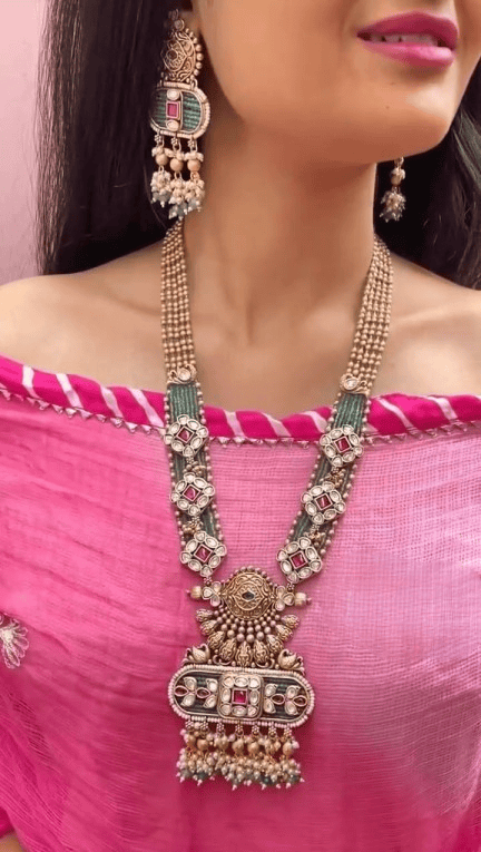 Traditional Kundan Red Stone Floral Long Necklace Set for Women