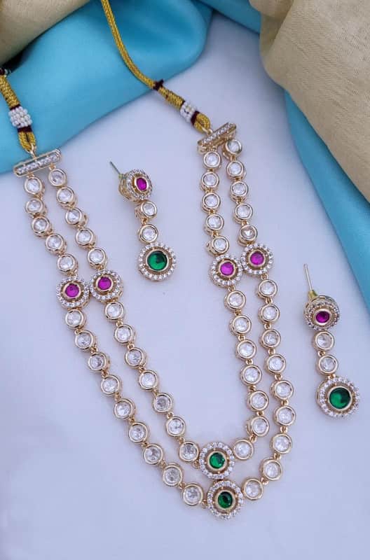Two Layered Polki Stone Necklace Set with Earrings