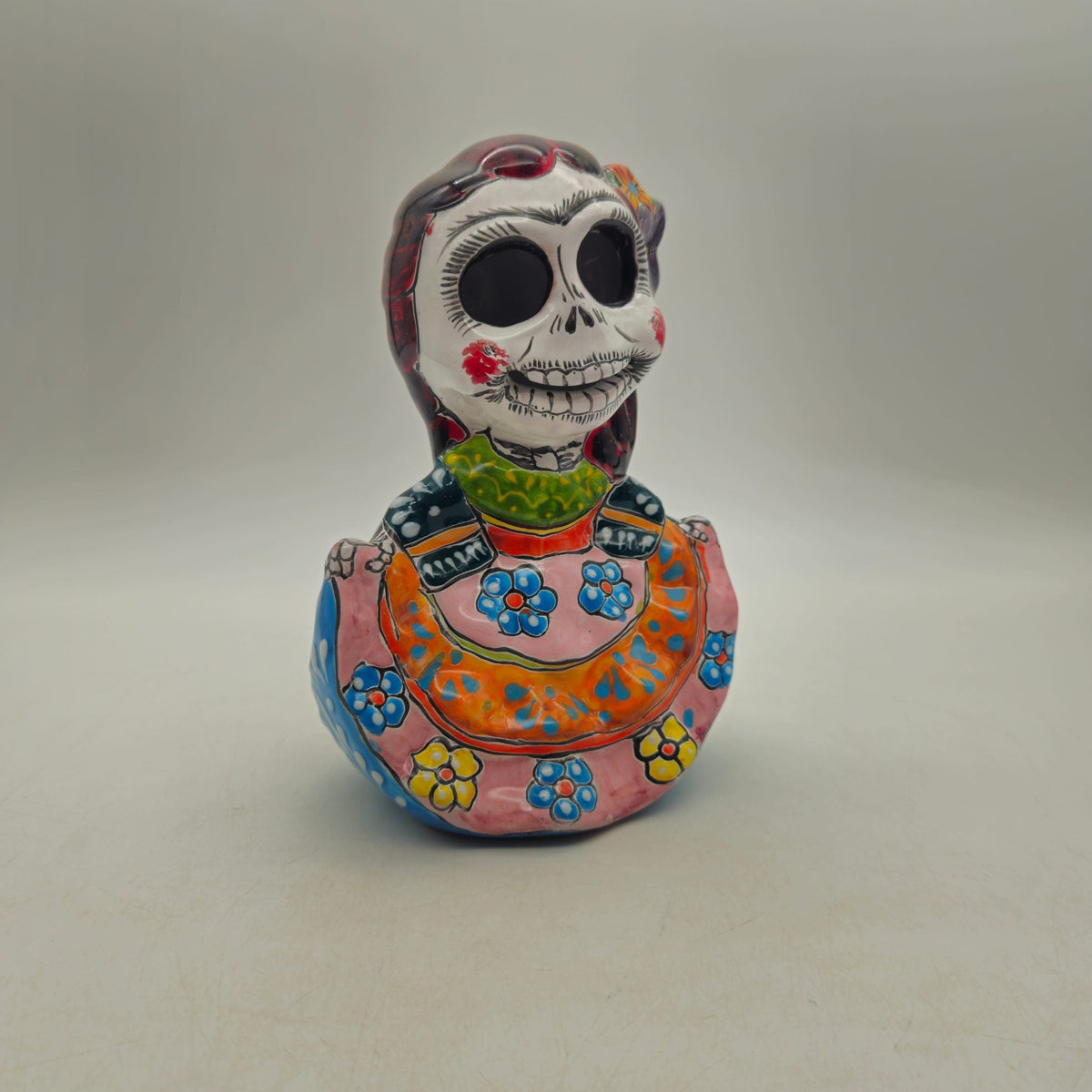 Vibrant Talavera Skeleton Woman Statue | Handcrafted Day of the Dead Decor