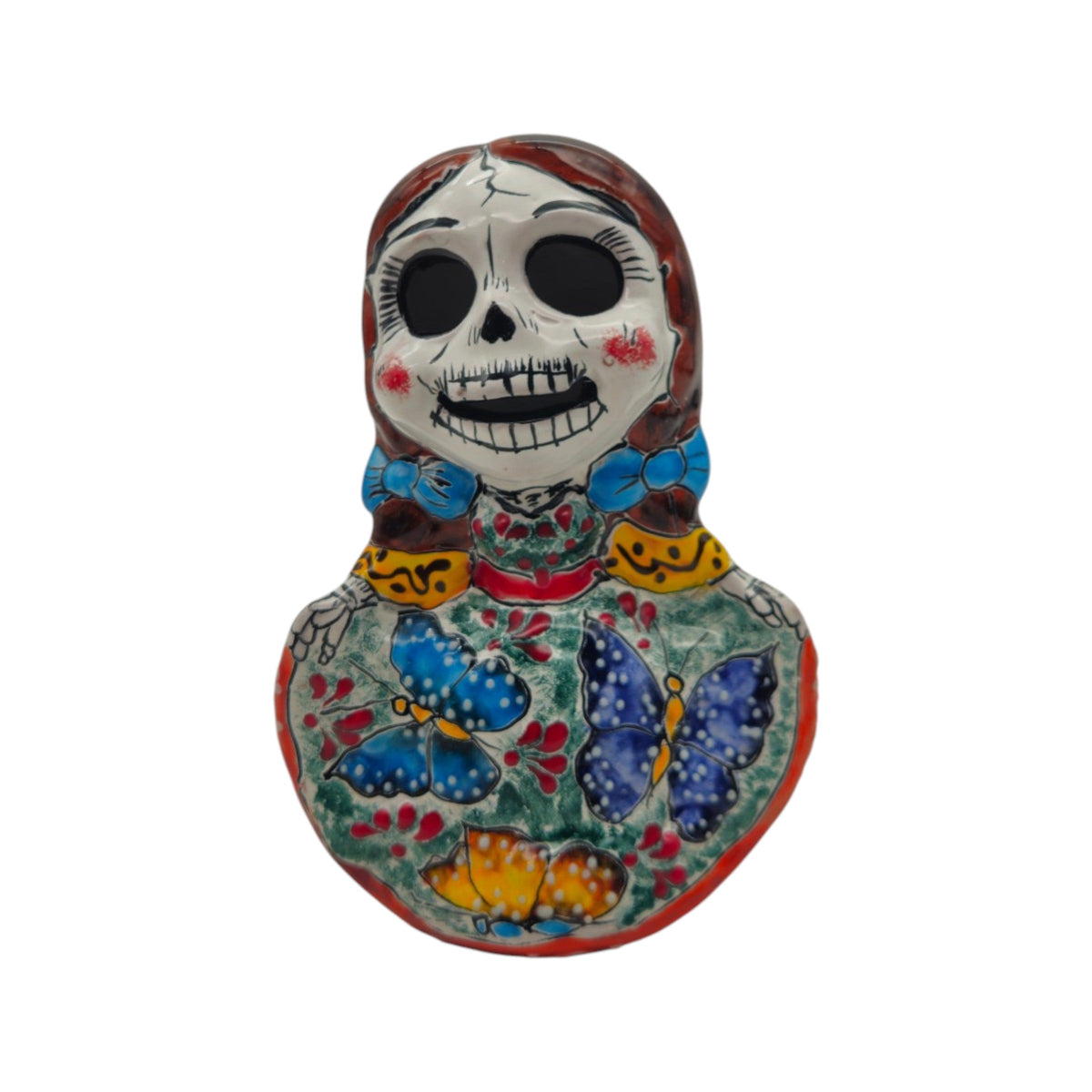 Vibrant Talavera Skeleton Woman Statue | Handcrafted Day of the Dead Decor