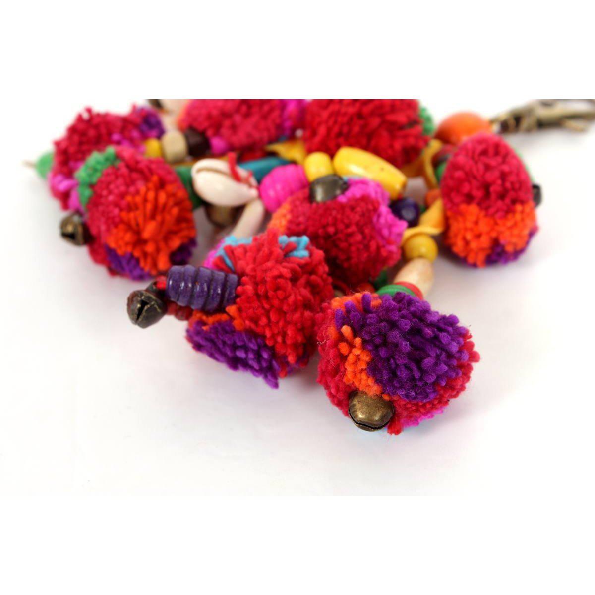 Pom Pom Zipper Pull with Wood Beads and Shells | Handmade Keychain | Thailand