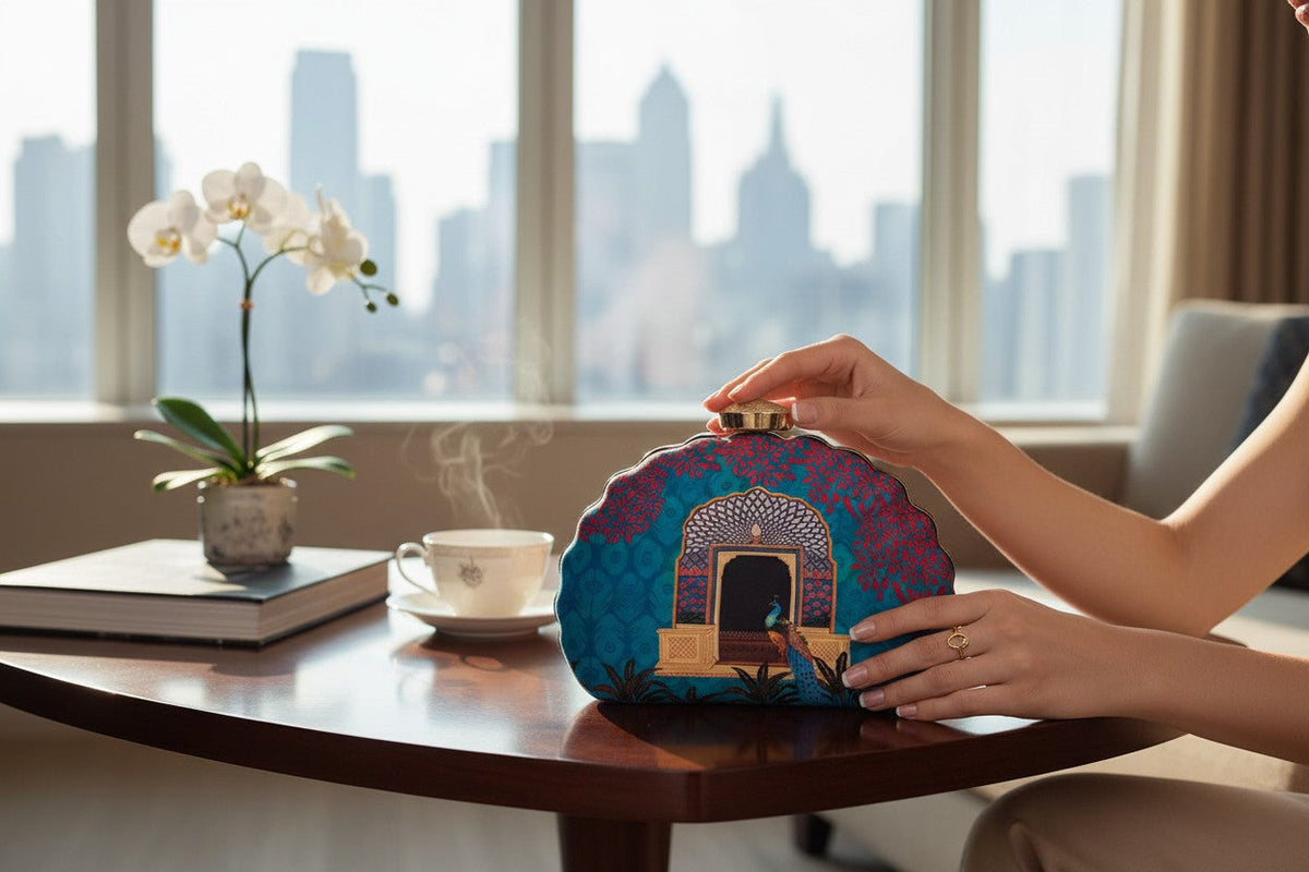 Designer Clutch with Peacock Standing in Front of an Ornate Arched Doorway