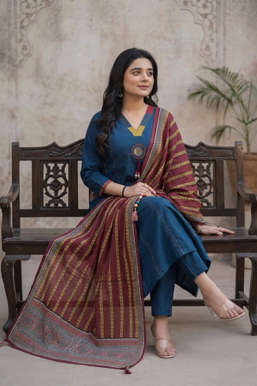 Elegant Navy Blue Kurta Set with Mirror Work & Traditional Striped Dupatta